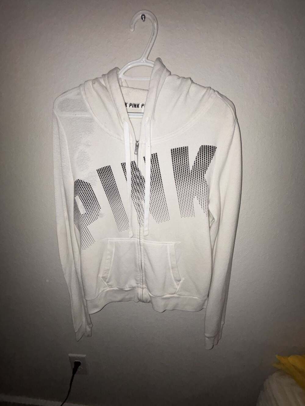 PINK Victoria's Secret White Full-Zip Hoodie with Dot Graphic